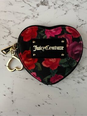 Juicy Couture Black Heart Coin Purse with Red & Pink Roses